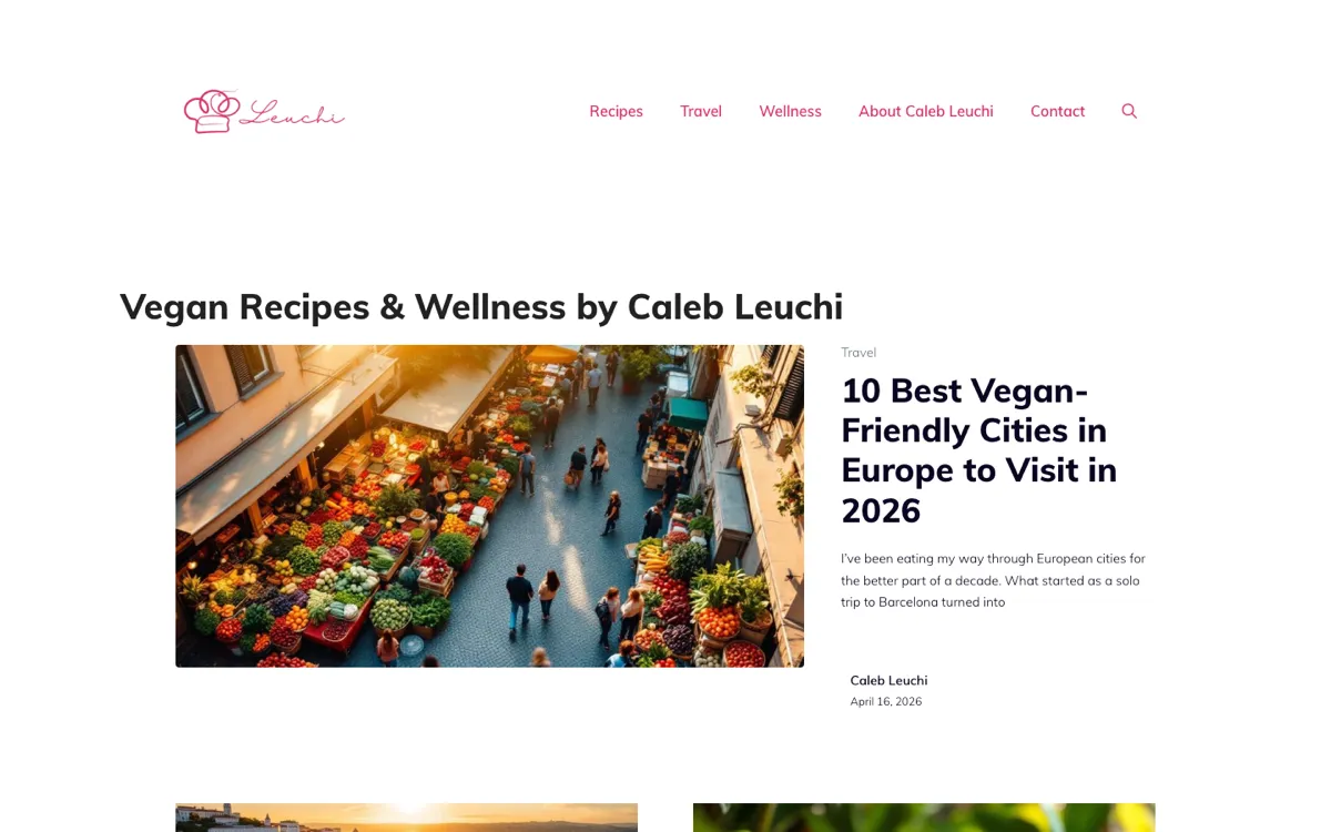 Aperçu du site leuchi.com, site personnel de Caleb Leuchi, chef vegan, branding et recettes