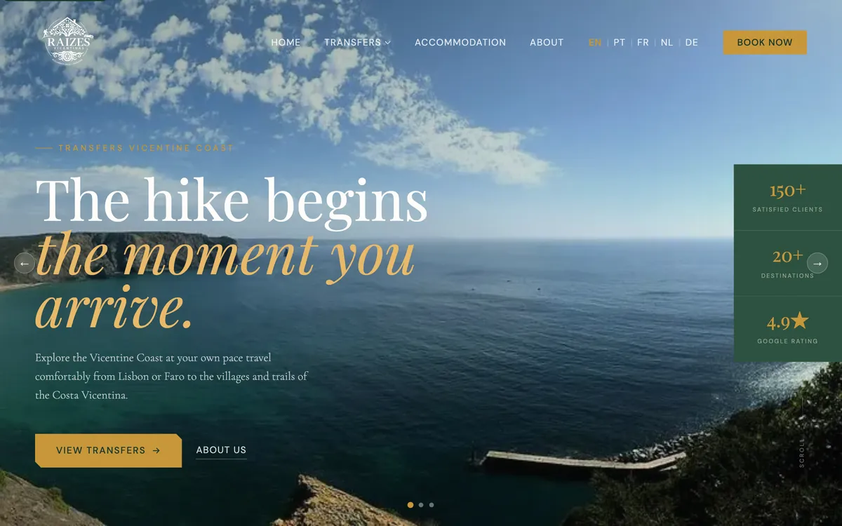 Aperçu du site raizesvicentinas.pt, expériences et produits de la Costa Vicentina au Portugal