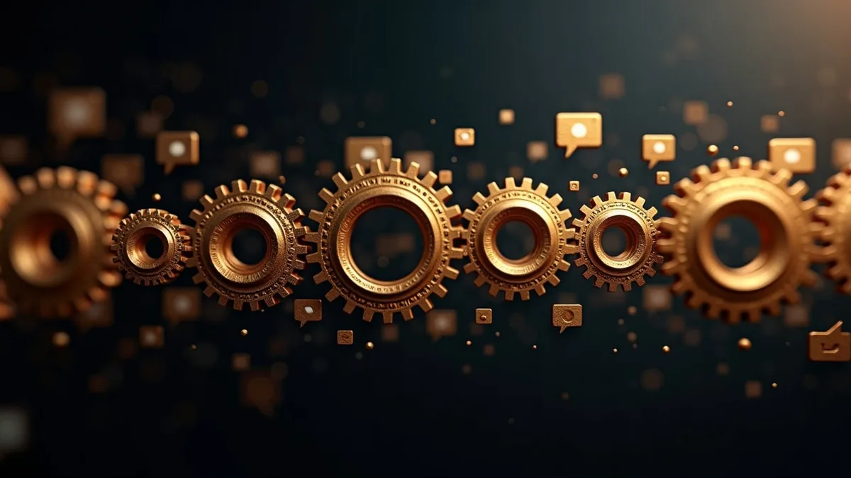 Automatisation WhatsApp, bulles de messages et engrenages dorés, fond obsidian