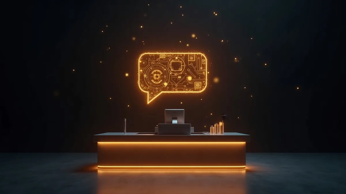 chatbot IA pour PME, interface de conversation lumineuse et circuits d'intelligence artificielle, or sur obsidian