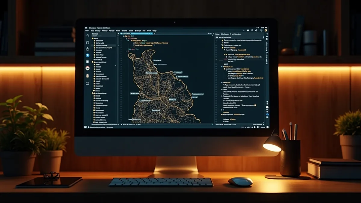 Création de site internet à Hannut, écran de code et plan de ville stylisé, obsidian et or