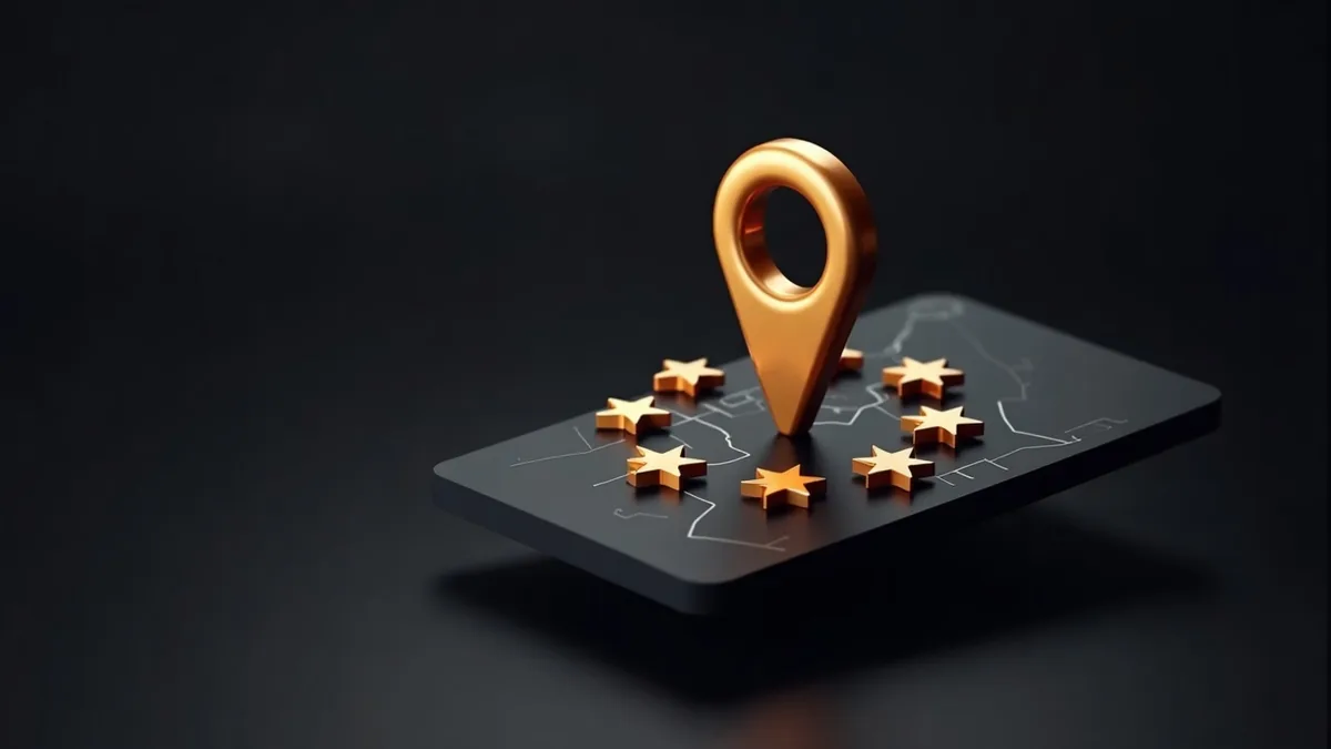 Google Business Profile, fiche locale avec étoiles d'avis et épingle de carte, or sur obsidian