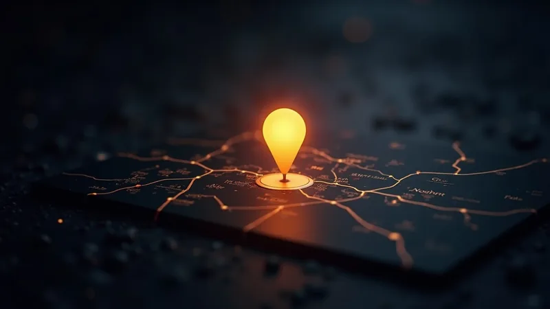 carte locale montrant une épingle lumineuse et un pack local de commerces proches, visibilité Google Business Profile en or sur obsidian