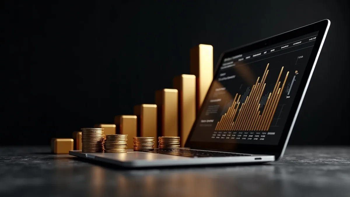 tableau de bord financier de budgets de sites web en Belgique, graphiques dorés et pièces sur fond obsidian