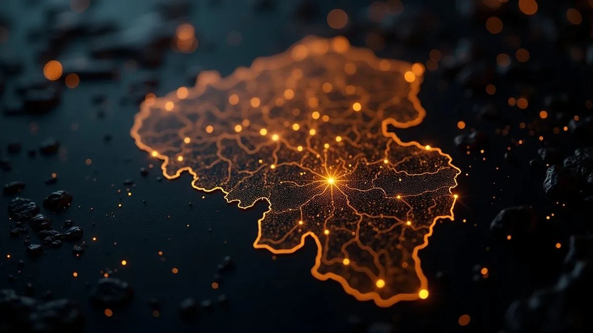SEO local en Wallonie, carte d'une région belge avec repères de visibilité Google, obsidian et or